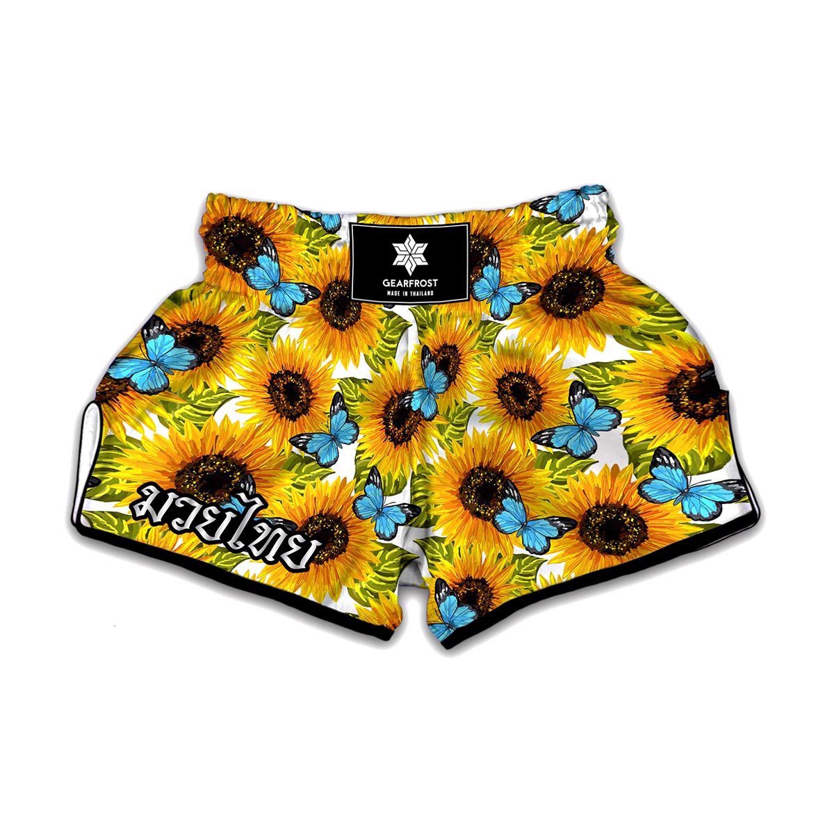 Blue Butterfly Sunflower Pattern Print Muay Thai Boxing Shorts