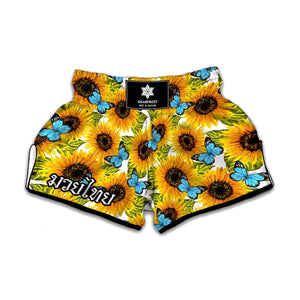 Blue Butterfly Sunflower Pattern Print Muay Thai Boxing Shorts