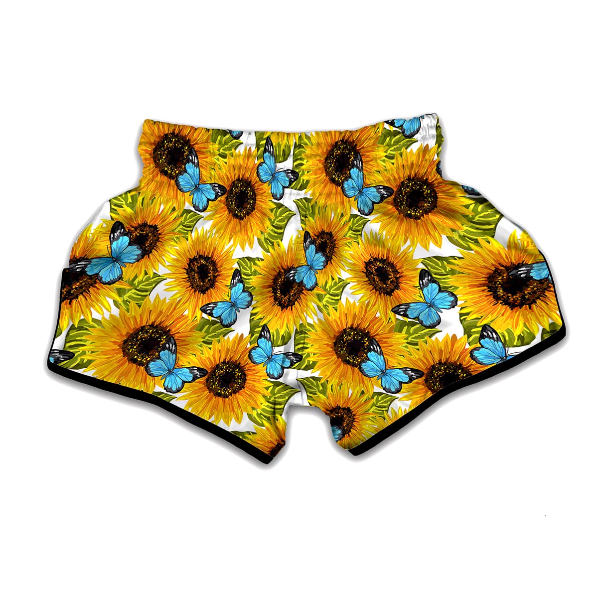 Blue Butterfly Sunflower Pattern Print Muay Thai Boxing Shorts