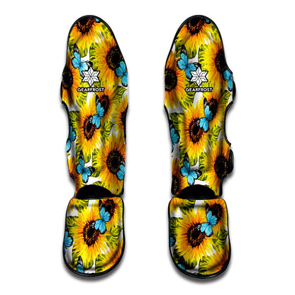 Blue Butterfly Sunflower Pattern Print Muay Thai Shin Guard