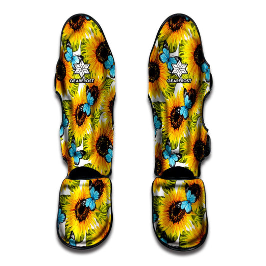 Blue Butterfly Sunflower Pattern Print Muay Thai Shin Guard