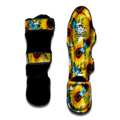 Blue Butterfly Sunflower Pattern Print Muay Thai Shin Guard