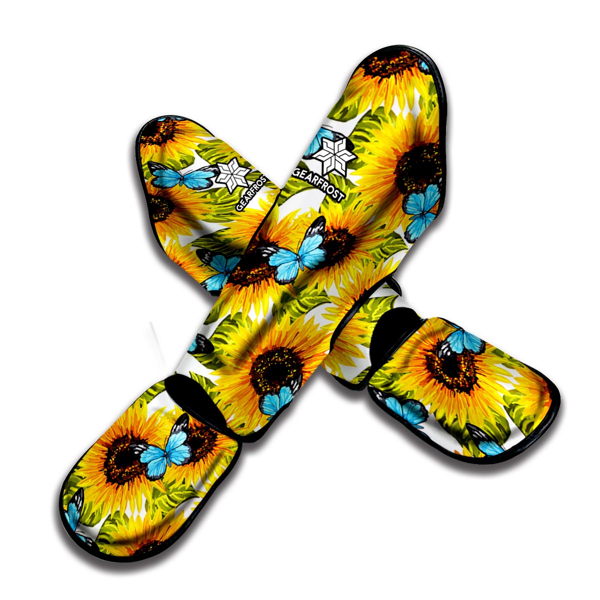 Blue Butterfly Sunflower Pattern Print Muay Thai Shin Guard