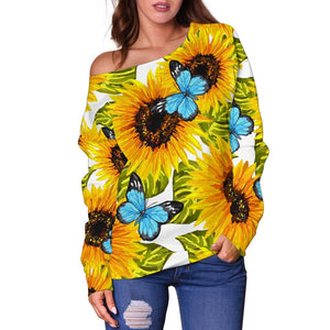 Blue Butterfly Sunflower Pattern Print Off Shoulder Sweatshirt GearFrost