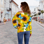 Blue Butterfly Sunflower Pattern Print Off Shoulder Sweatshirt GearFrost