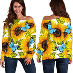 Blue Butterfly Sunflower Pattern Print Off Shoulder Sweatshirt GearFrost