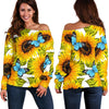 Blue Butterfly Sunflower Pattern Print Off Shoulder Sweatshirt GearFrost