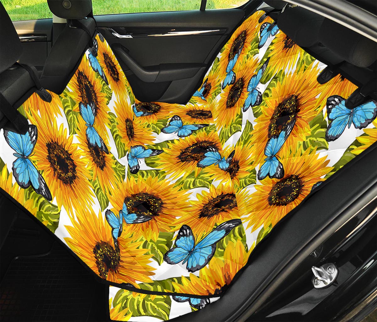 Blue Butterfly Sunflower Pattern Print Pet Car Back Seat Cover