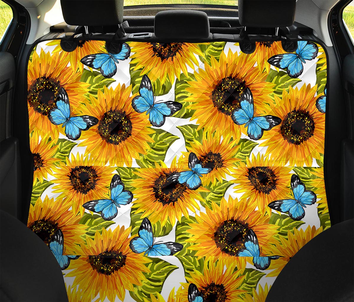 Blue Butterfly Sunflower Pattern Print Pet Car Back Seat Cover