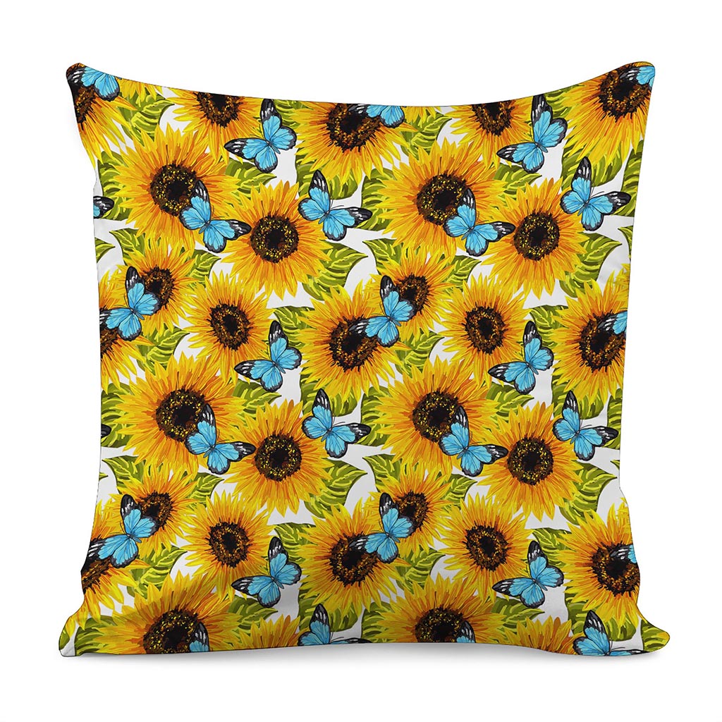 Blue Butterfly Sunflower Pattern Print Pillow Cover