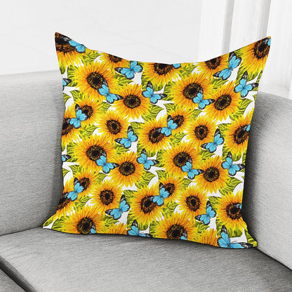 Blue Butterfly Sunflower Pattern Print Pillow Cover