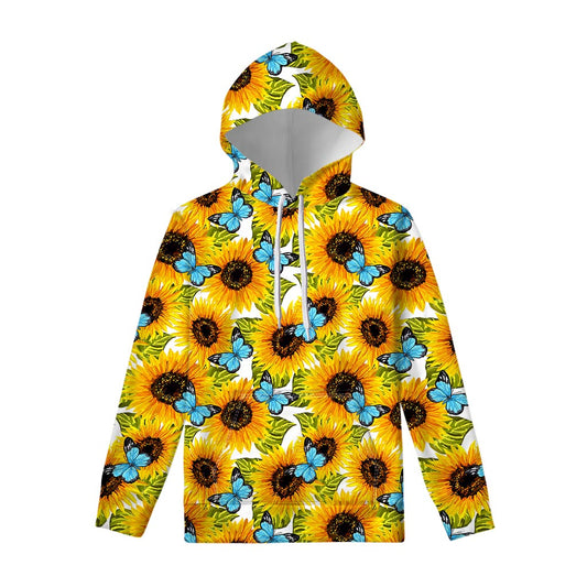 Blue Butterfly Sunflower Pattern Print Pullover Hoodie