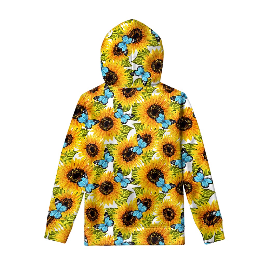 Blue Butterfly Sunflower Pattern Print Pullover Hoodie