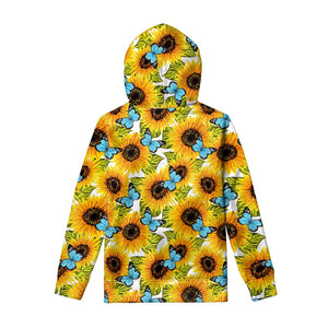 Blue Butterfly Sunflower Pattern Print Pullover Hoodie