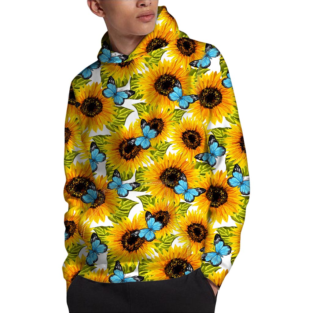 Blue Butterfly Sunflower Pattern Print Pullover Hoodie