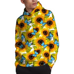 Blue Butterfly Sunflower Pattern Print Pullover Hoodie