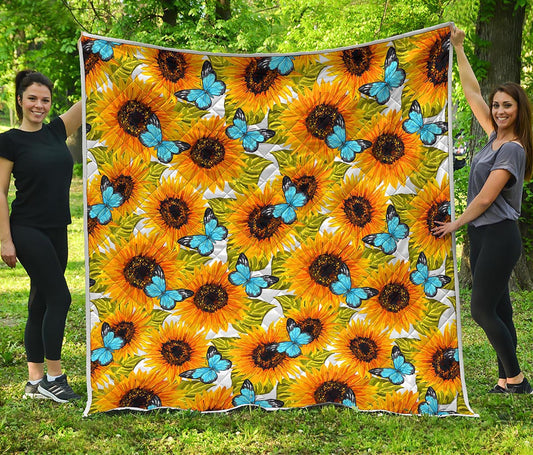 Blue Butterfly Sunflower Pattern Print Quilt