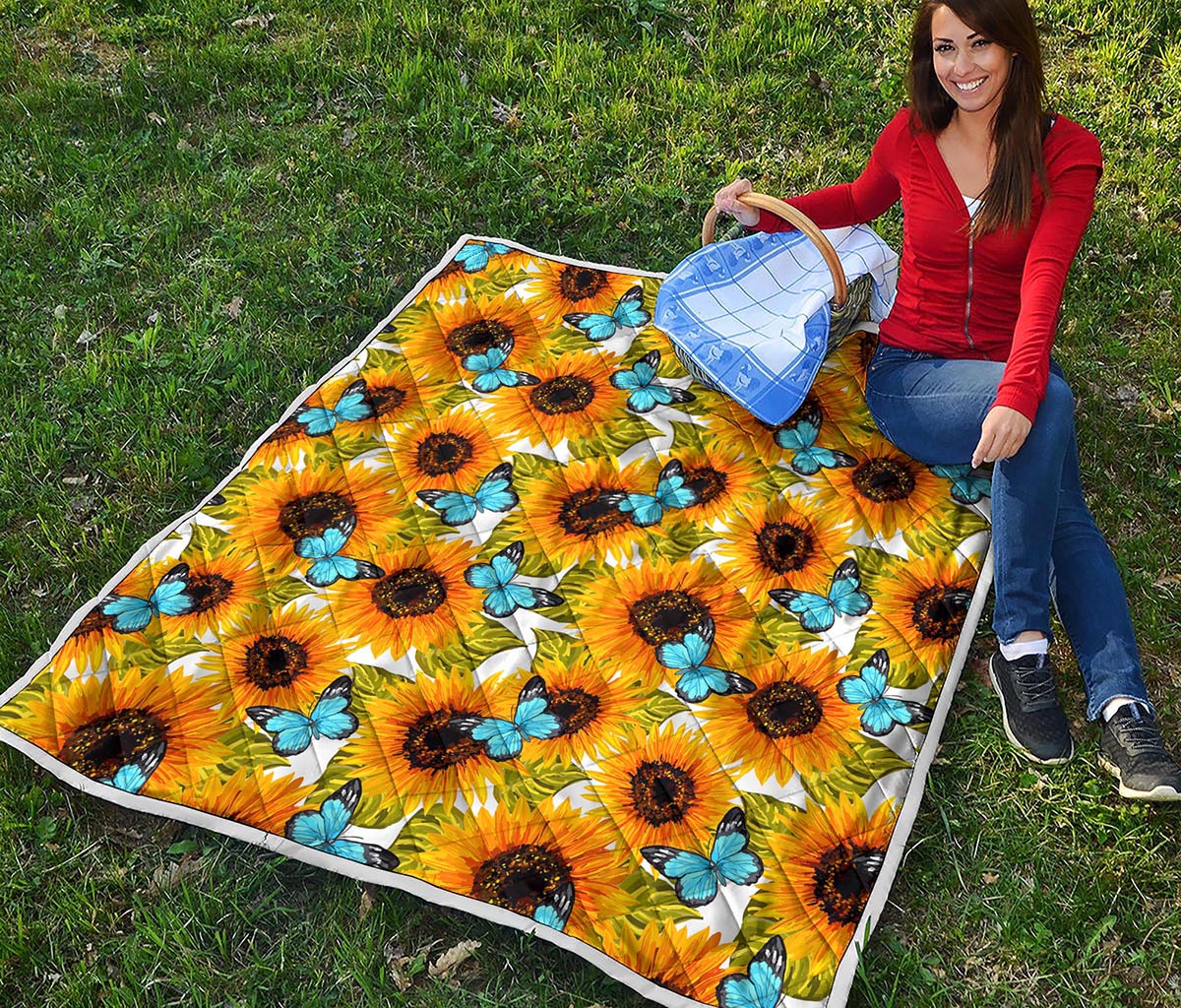 Blue Butterfly Sunflower Pattern Print Quilt