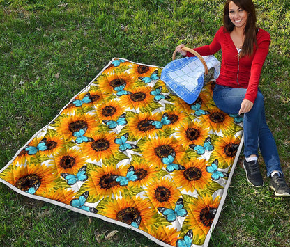 Blue Butterfly Sunflower Pattern Print Quilt