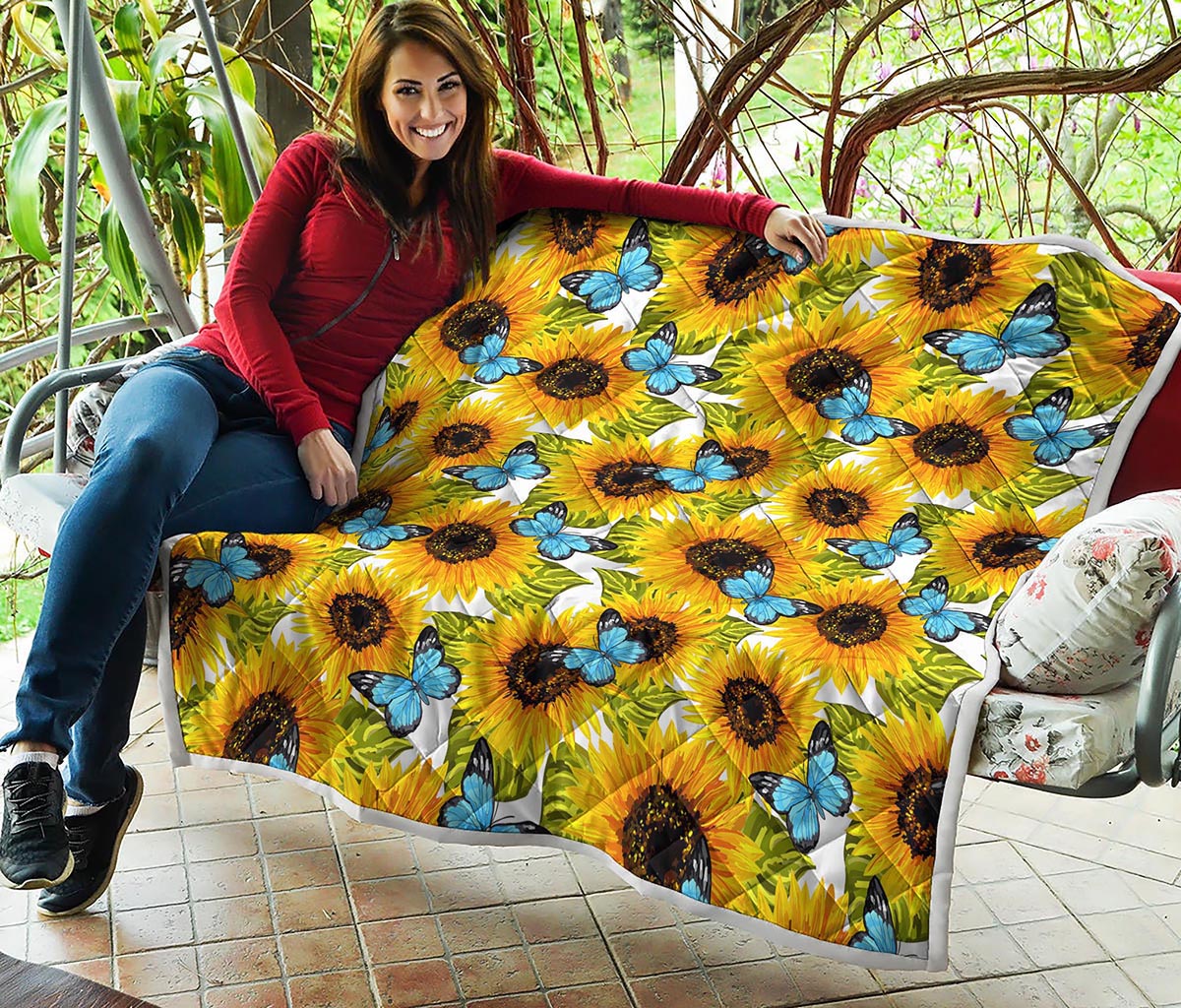 Blue Butterfly Sunflower Pattern Print Quilt