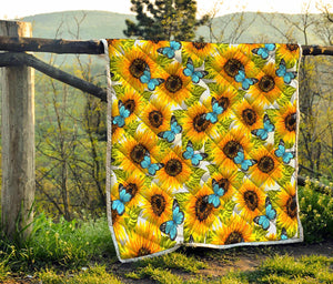 Blue Butterfly Sunflower Pattern Print Quilt