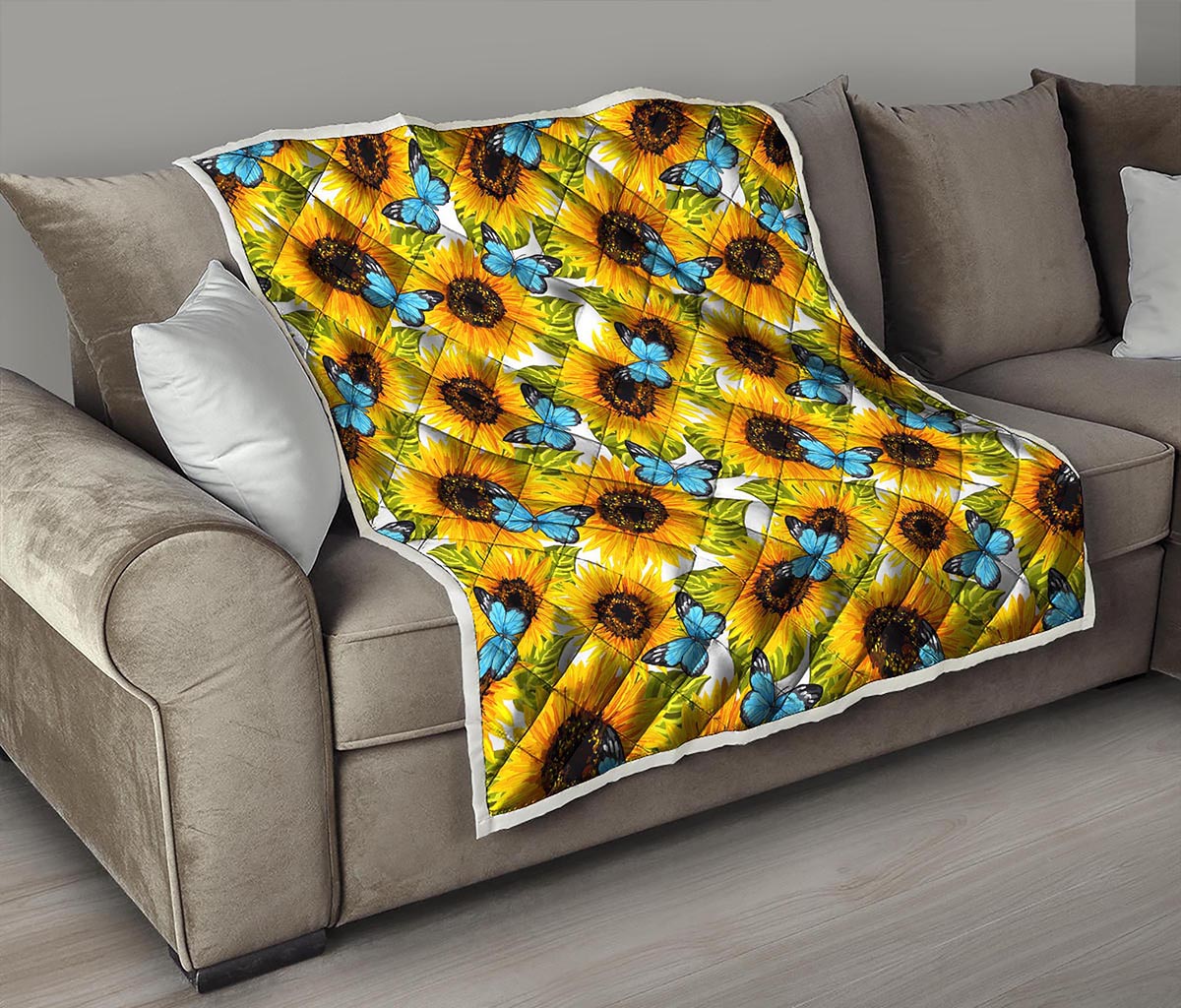 Blue Butterfly Sunflower Pattern Print Quilt