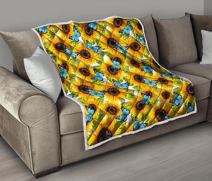 Blue Butterfly Sunflower Pattern Print Quilt