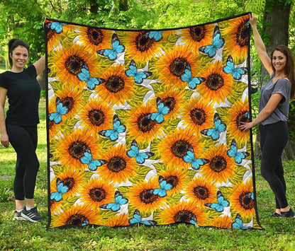 Blue Butterfly Sunflower Pattern Print Quilt
