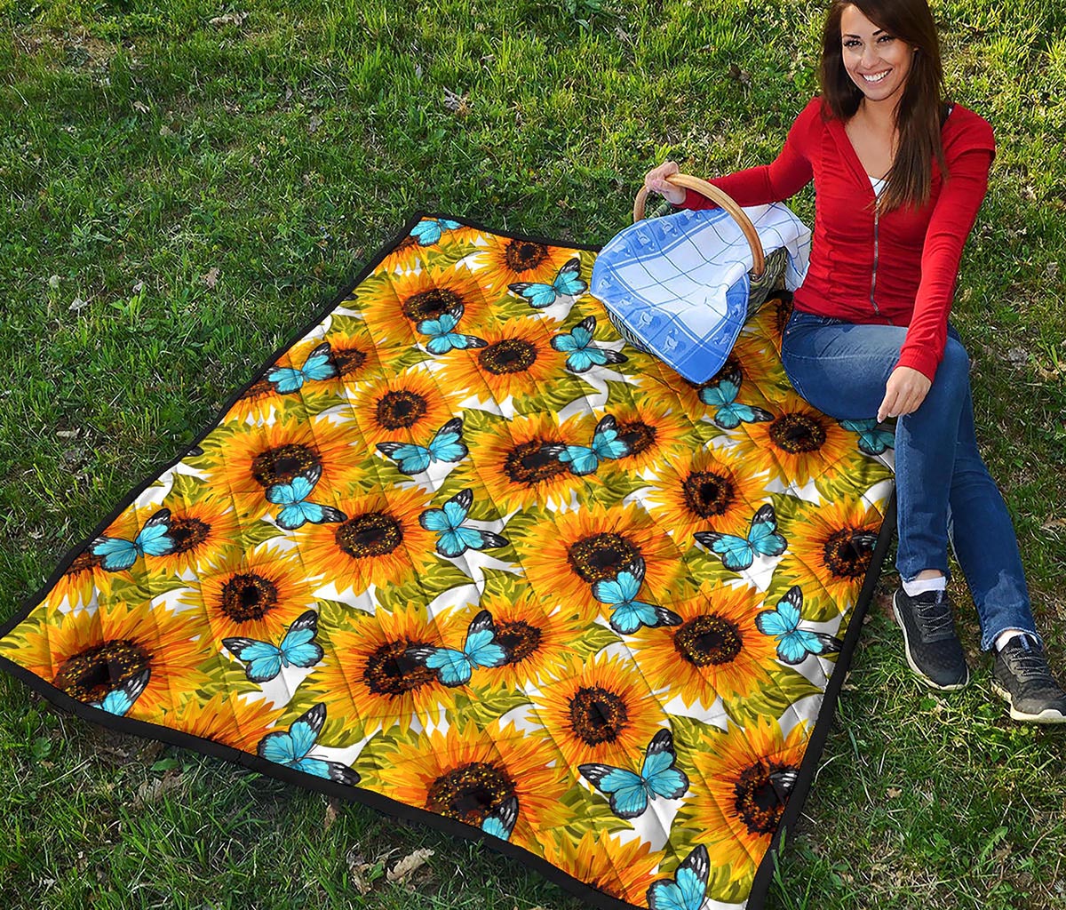Blue Butterfly Sunflower Pattern Print Quilt