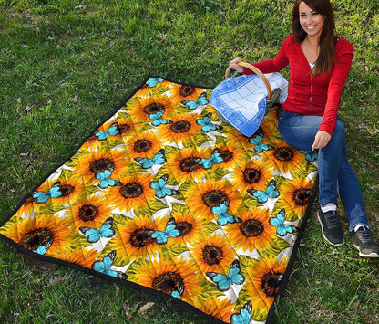 Blue Butterfly Sunflower Pattern Print Quilt