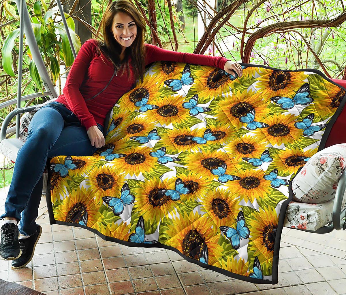 Blue Butterfly Sunflower Pattern Print Quilt