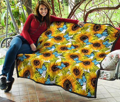 Blue Butterfly Sunflower Pattern Print Quilt