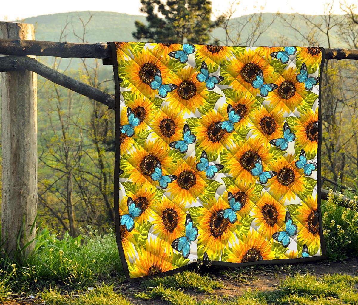 Blue Butterfly Sunflower Pattern Print Quilt