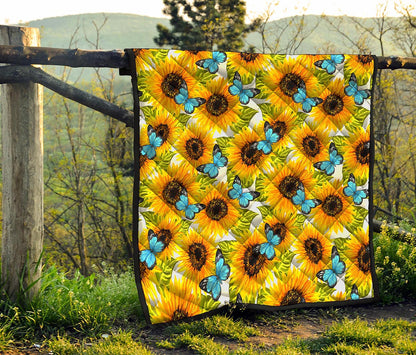 Blue Butterfly Sunflower Pattern Print Quilt