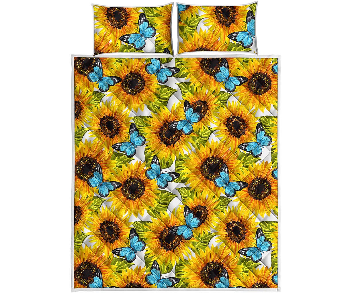 Blue Butterfly Sunflower Pattern Print Quilt Bed Set