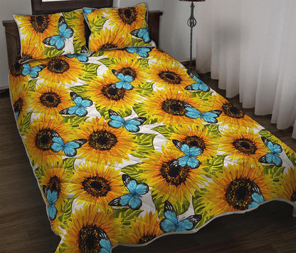 Blue Butterfly Sunflower Pattern Print Quilt Bed Set