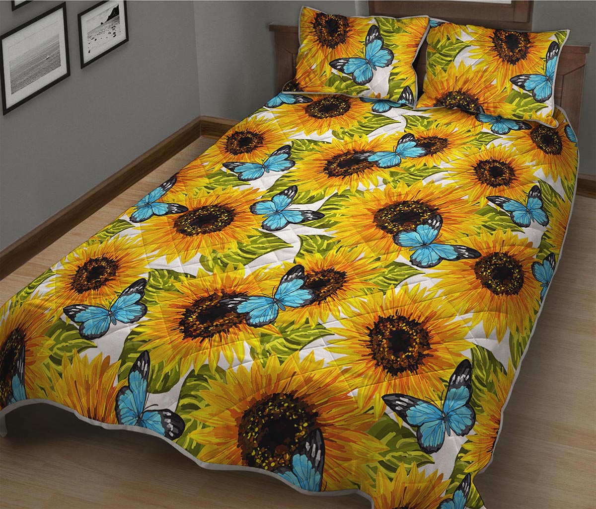 Blue Butterfly Sunflower Pattern Print Quilt Bed Set