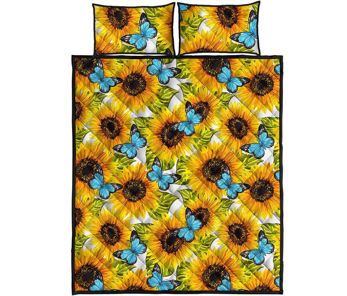 Blue Butterfly Sunflower Pattern Print Quilt Bed Set