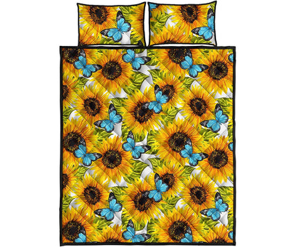 Blue Butterfly Sunflower Pattern Print Quilt Bed Set