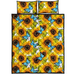 Blue Butterfly Sunflower Pattern Print Quilt Bed Set
