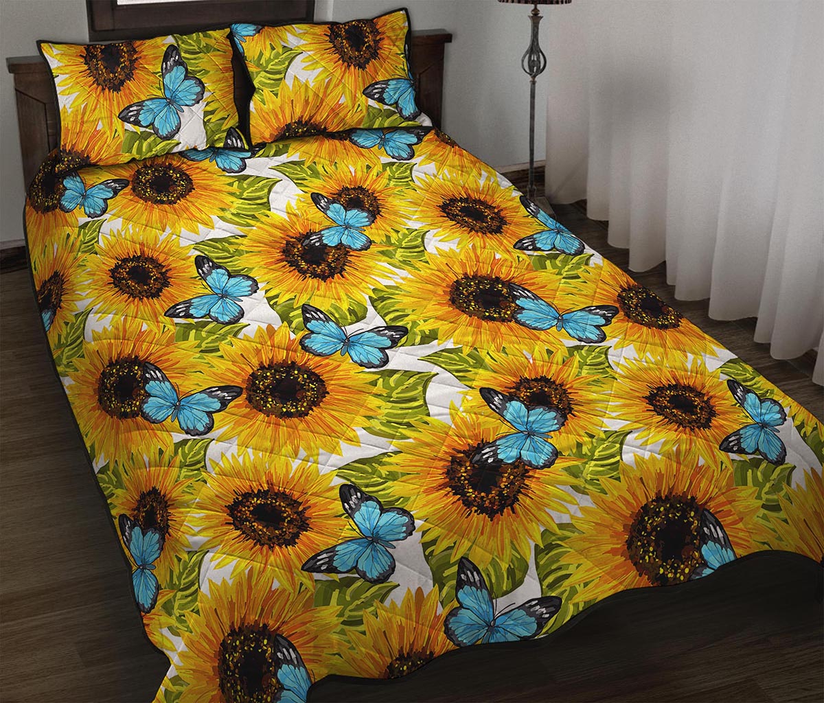 Blue Butterfly Sunflower Pattern Print Quilt Bed Set