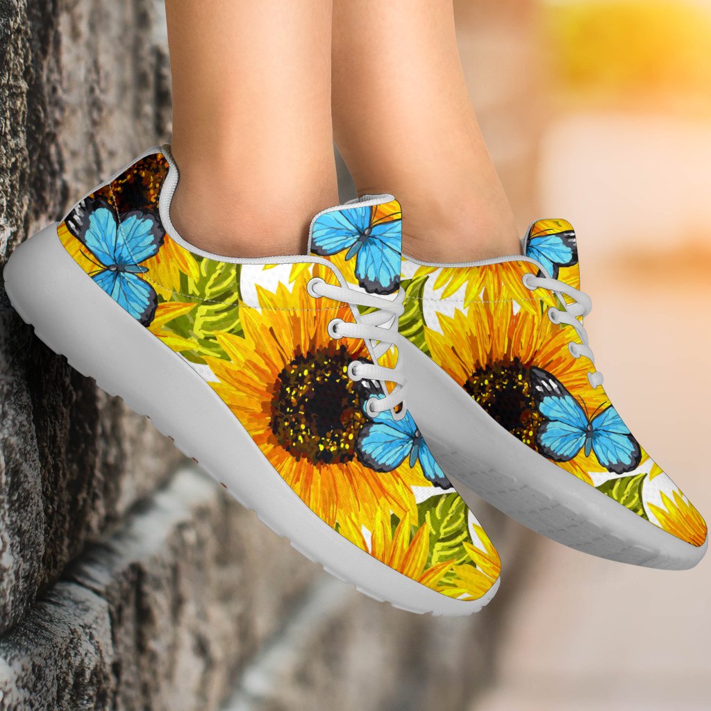 Blue Butterfly Sunflower Pattern Print Sport Shoes GearFrost