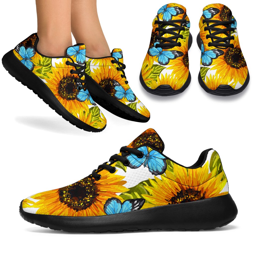 Blue Butterfly Sunflower Pattern Print Sport Shoes GearFrost