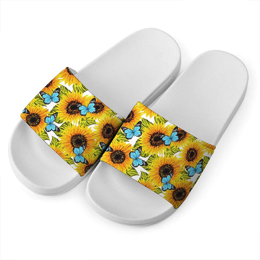 Blue Butterfly Sunflower Pattern Print White Slide Sandals
