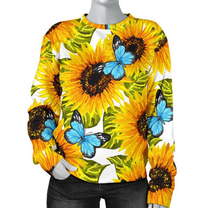 Blue Butterfly Sunflower Pattern Print Women's Crewneck Sweatshirt GearFrost