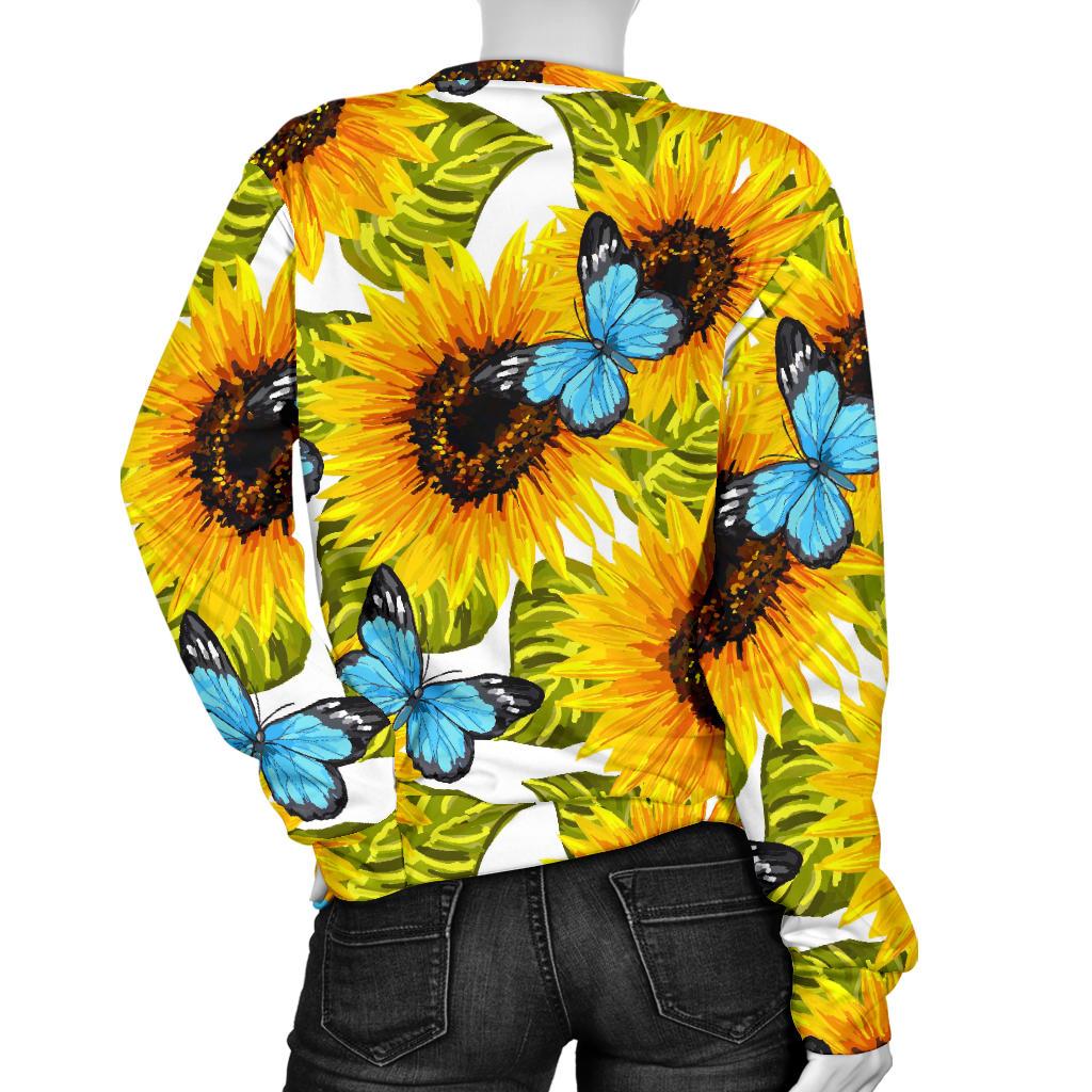 Blue Butterfly Sunflower Pattern Print Women's Crewneck Sweatshirt GearFrost