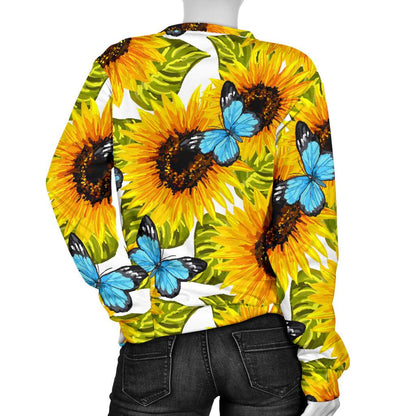 Blue Butterfly Sunflower Pattern Print Women's Crewneck Sweatshirt GearFrost