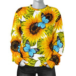 Blue Butterfly Sunflower Pattern Print Women's Crewneck Sweatshirt GearFrost