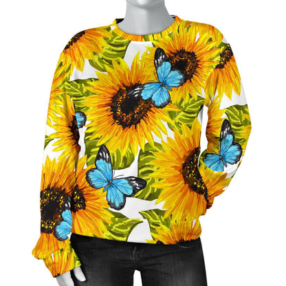 Blue Butterfly Sunflower Pattern Print Women's Crewneck Sweatshirt GearFrost