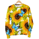 Blue Butterfly Sunflower Pattern Print Women's Crewneck Sweatshirt GearFrost